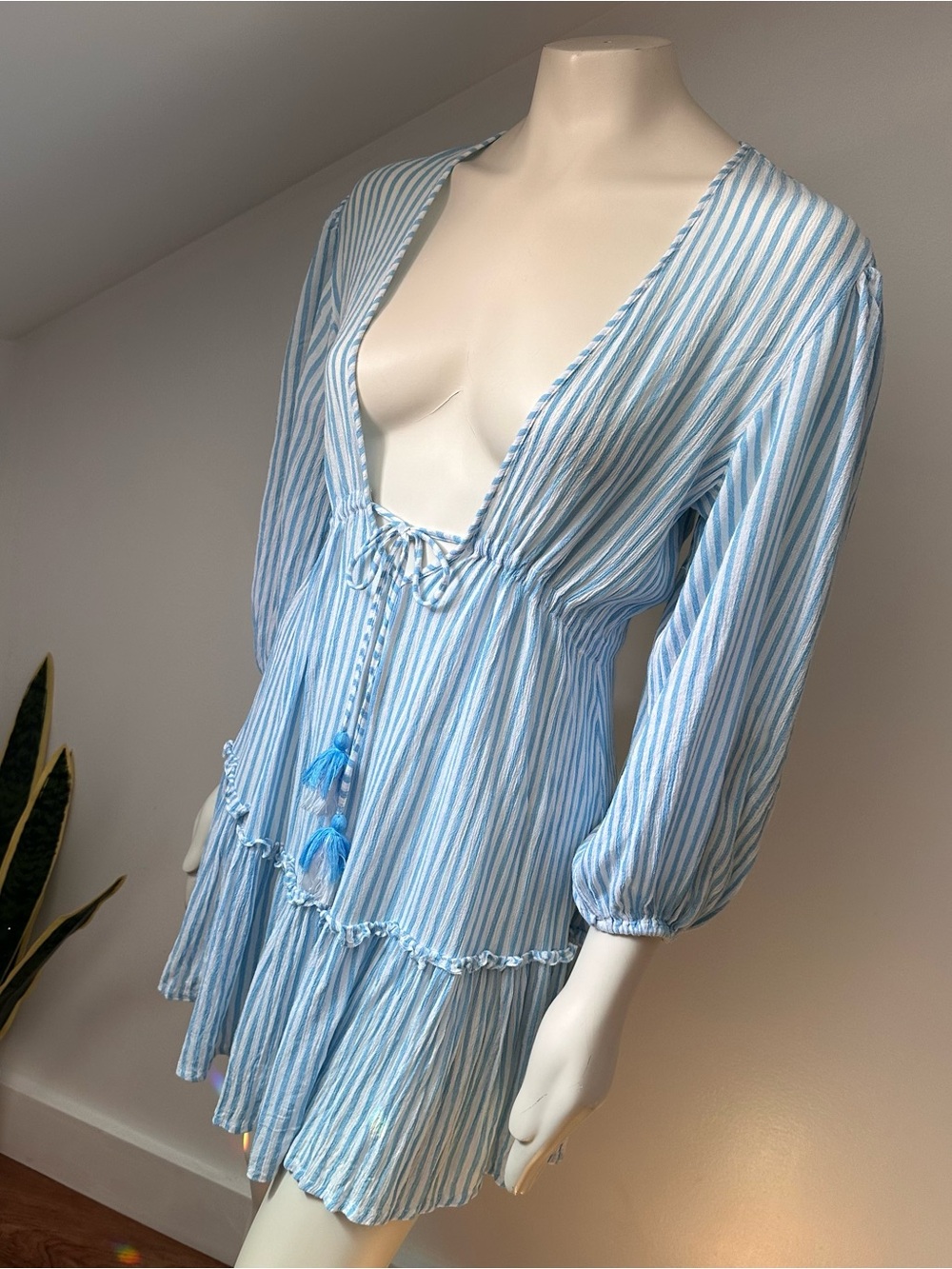 Blue Island // Light Blue Striped Women's Tie-Front Coverup Dress